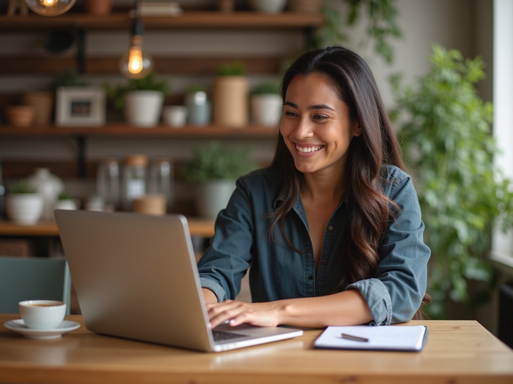 Dueña de un negocio sonríe mientras revisa en su laptop los mensajes que le llegan desde su página web